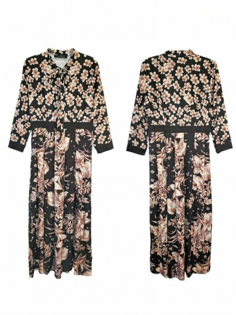 Dalia MacPhee Floral Pleated Tie Neck Maxi Dress